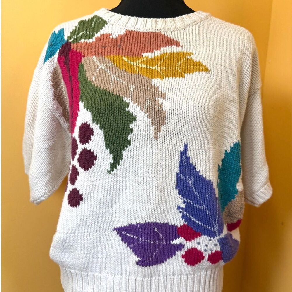 VTG 90s Intarsia Knit Short Sleeve Sweater Cream Autumn Fall Leaf Botanical XL